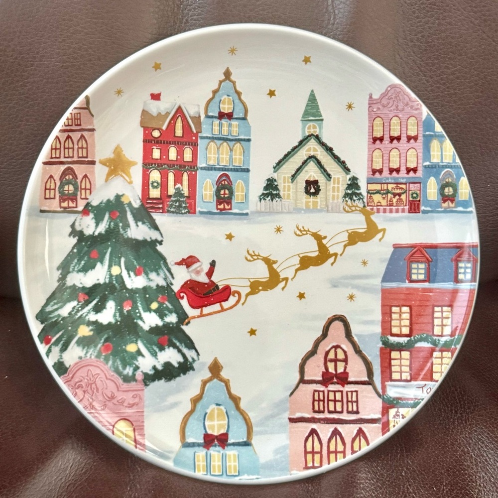Santa & Reindeer in Christmas Village 8.5” Salad Plate - Dwell Essentials
